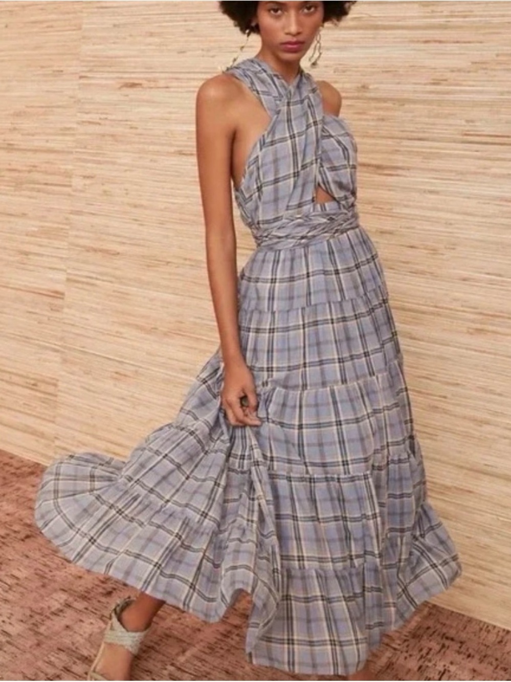 Ulla Johnson Noelle Midi Halter Tiered Plaid Dress Size 4 Coastal Cottagecore
